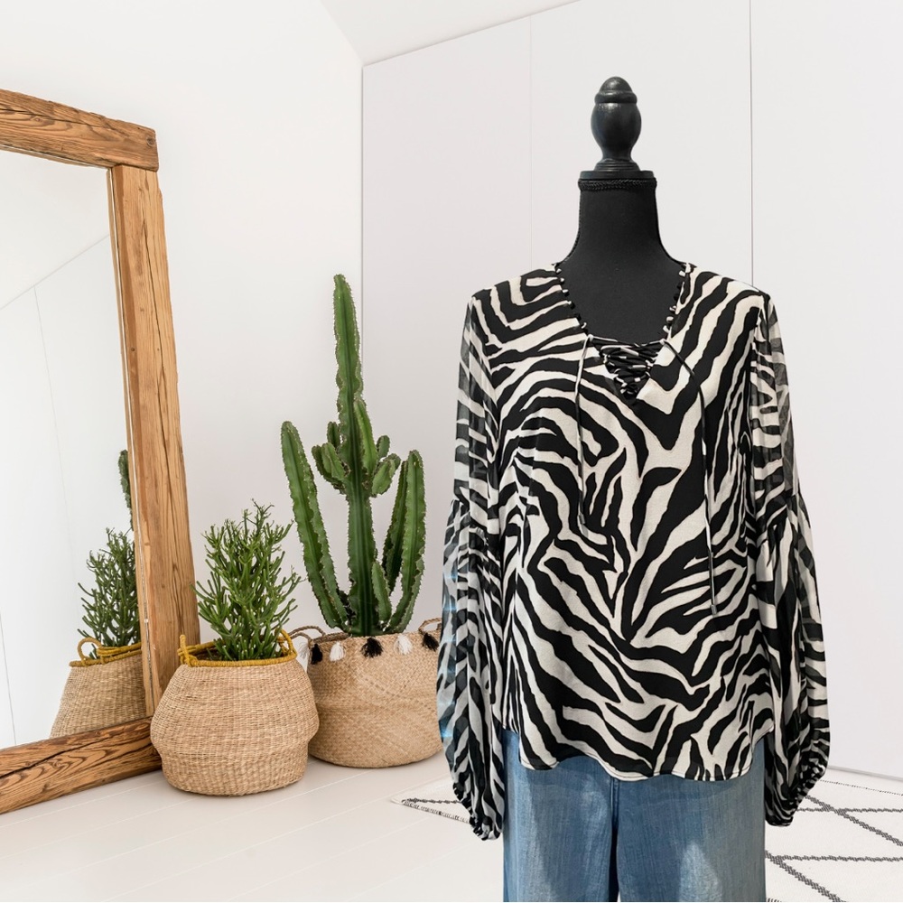 White House Black Market Long Sleeve Zebra Print Lace Up Front Top